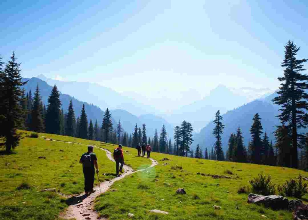 Kheerganga Trek through green meadows and pine forests in Parvati Valley